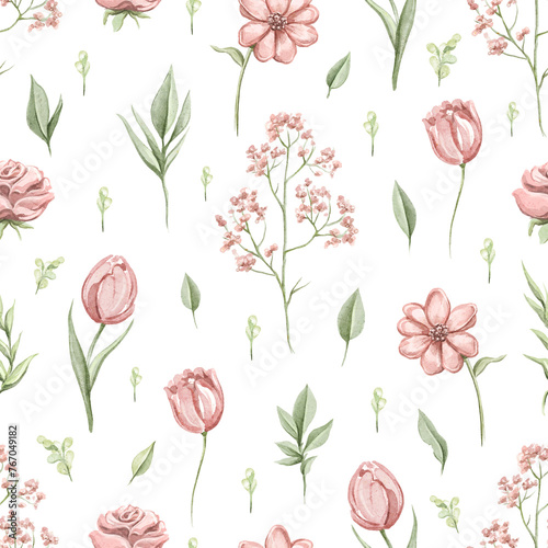 Seamless pattern with vintage various red pink flowers and leaves set isolated on white background. Watercolor hand drawn illustration sketch