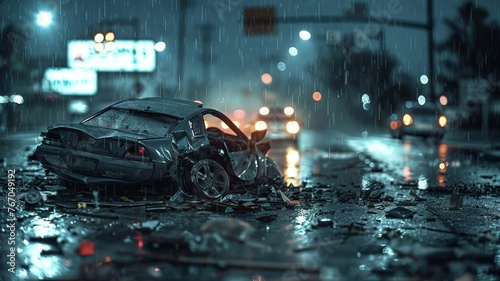 Dramatic nighttime car accident scene with scattered street debris in rain