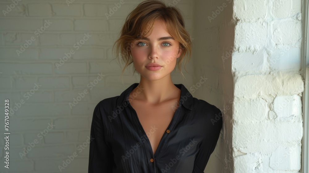A woman stands before a brick wall in a black V-neck shirt with long sleeves A woman stands before a brick wall in a black V-neck shirt with long sleeves