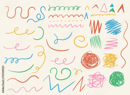 Set of doodle abstract wavy line and circle. Playful scribble and squiggle. Lines hand drawn paint brush stroke. Vector illustration