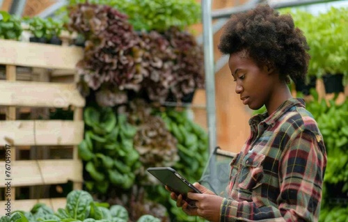 A african american woman farmer carefully examines plants growing on a vertical rack hydroponic farm. An agricultural technician works on a tablet. Analyzes the growth and condition of seedlings.