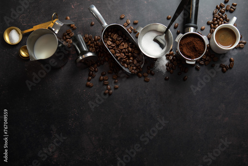 Coffee concept with coffee set on dark background
