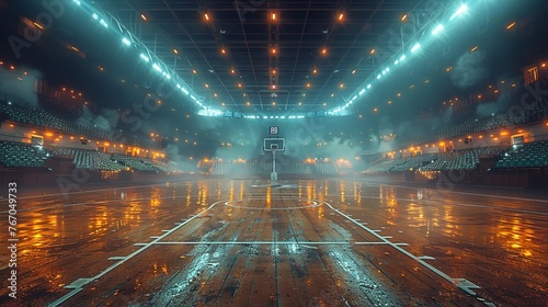 Empty stadium, basketball court, and sports field with seats for fans and flashlights. Generative Ai