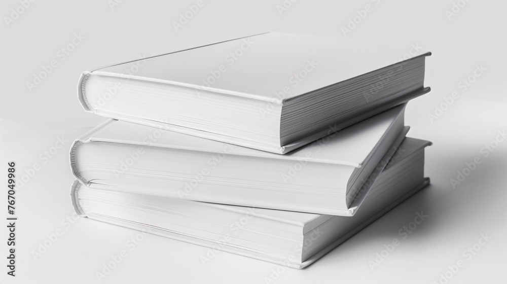 Mock-up of three thick stack books with blank white cover on a plain white background. New modern minimal books in isometric view.