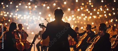 A conductor stands in front of a group of musicians playing violins. The scene is set in a large concert hall with a bright stage lighting. The conductor is the focal point of the image photo