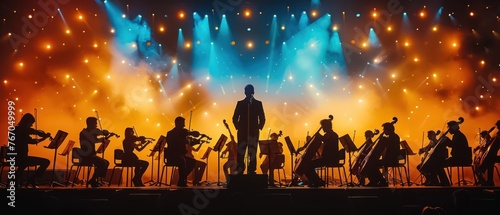A large group of musicians are on stage, with a spotlight on a man in the center. The stage is lit up with bright lights and the musicians are dressed in black. Scene is one of excitement