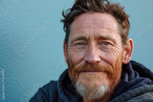 Portrait of a senior man with a red beard against a blue wall