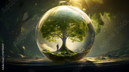 Fantastical scene of a lone figure in a bubble with a giant tree.