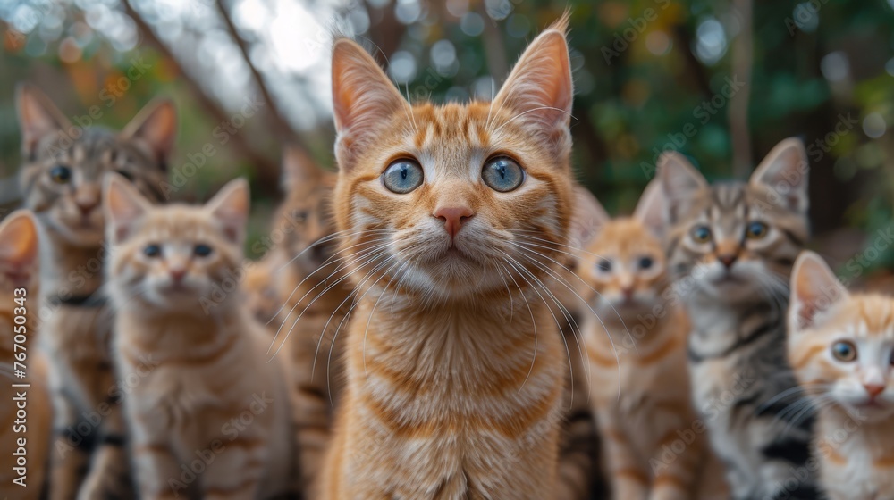   A group of kittens, each looking at the camera in different directions