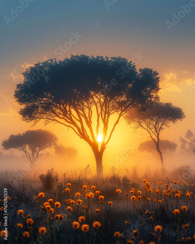 Morning mist rising off the savannah acacia trees emerging from the soft light