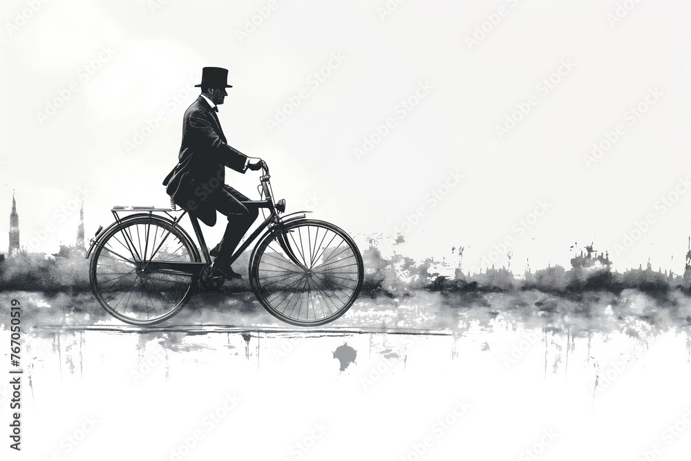 Obraz premium man riding a bicycle sketch engraving generative ai fictional character raster illustration. Scratch board imitation. Black and white image.