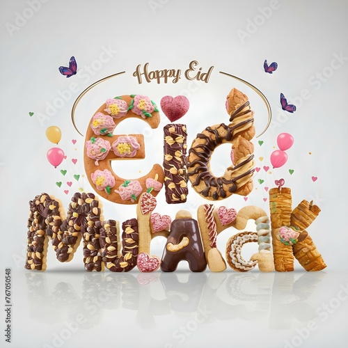 Eid Mubarak calligraphy illustration with Homemade pastry, spring flower cookies, flying butterflies, balloons, and party arabesque ornaments, design for greeting cards and all prints. Generative AI.
