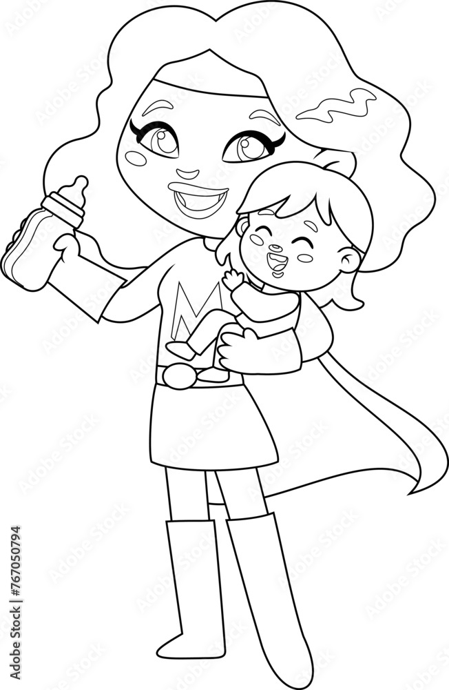 Outlined Super Hero Mom Carrying Her Daughter Cartoon Characters. Vector Hand Drawn Illustration Isolated On Transparent Background Outlined Super Hero Mom Carrying Her Daughter Cartoon Characters. Vector Hand Drawn Illustration Isolated On Transparent Background