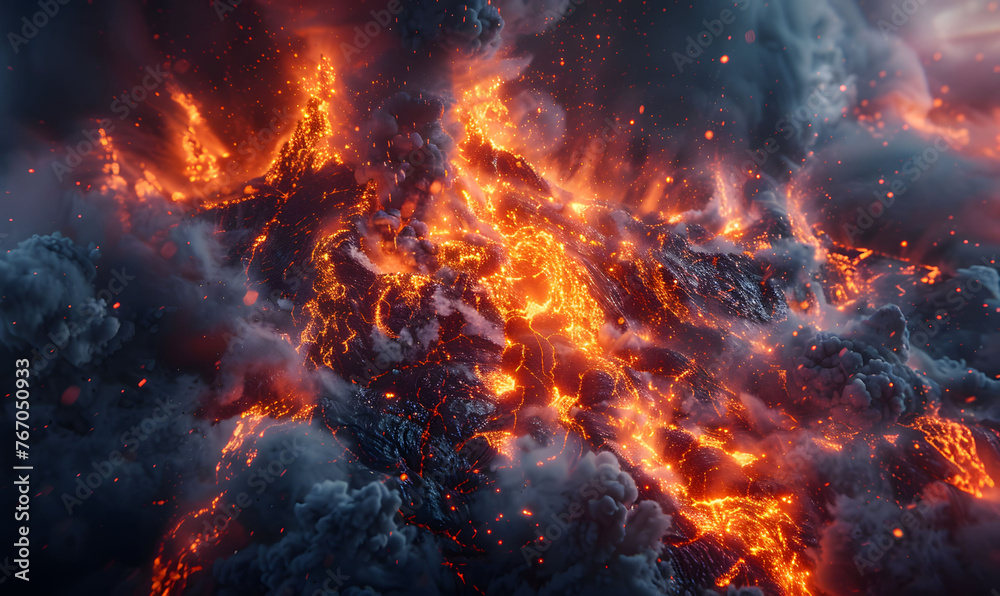 Dramatic scene of molten lava bursting with fire and smoke