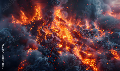 Dramatic scene of molten lava bursting with fire and smoke © PLATİNUM