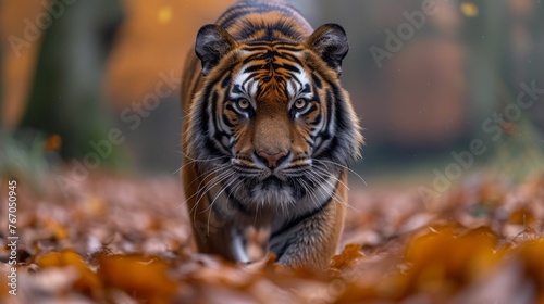   A tiger  sharply focused  stalks through a rustling field of leaves against the backdrop of towering trees