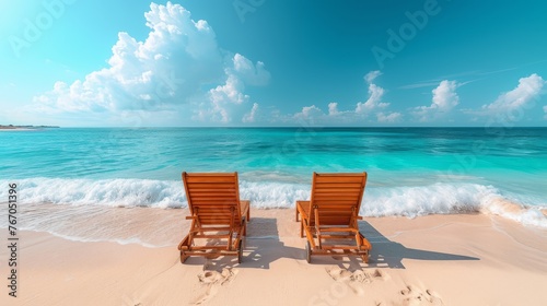  A pair of chairs resting on a sandy shore adjacent to a tranquil waterbody with gentle waves crashing