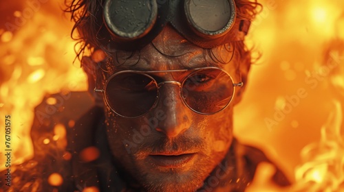   A close-up of a person wearing goggles in front of a fire with heavy smoke