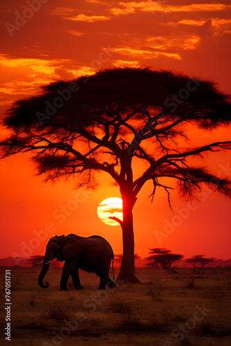 The Majestic Silhouette of an Elephant against the African Savannah Sunset © Alta