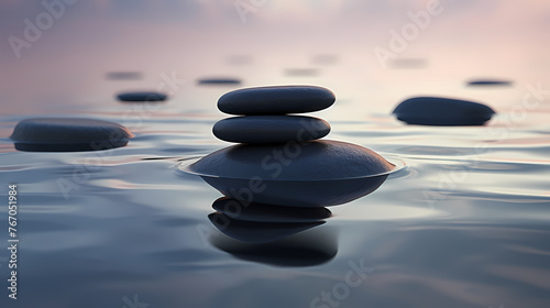 Calmness on water zen stones balance in calming reflections