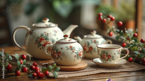  A macro shot of a teapot and two mugs on a table surrounded by raspberries and an indoor plant