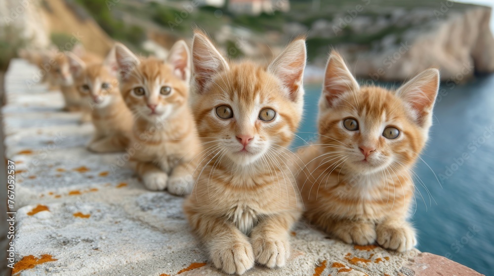   A cluster of kittens perched together atop a stone wall alongside a waterbody