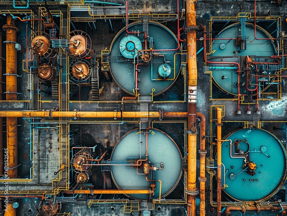 Capture the intricate network of pipes, filters, and tanks in a visually stunning high-angle shot Show the complexity and efficiency of water treatment processes
