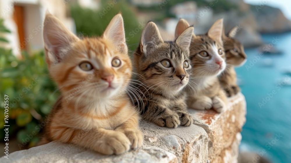 A group of kittens sitting on a stone wall by water with a cliff in the background A group of kittens sitting on a stone wall by water with a cliff in the background