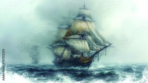  A ship painting with many smoke trails billowing from its sails in the vast ocean