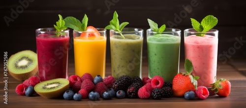 A lineup of vibrant smoothies made from natural ingredients  surrounded by fresh fruit  set on a rustic wooden table