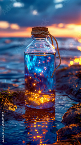 Enchanted Bottle with Stars on Seashore at Twilight 