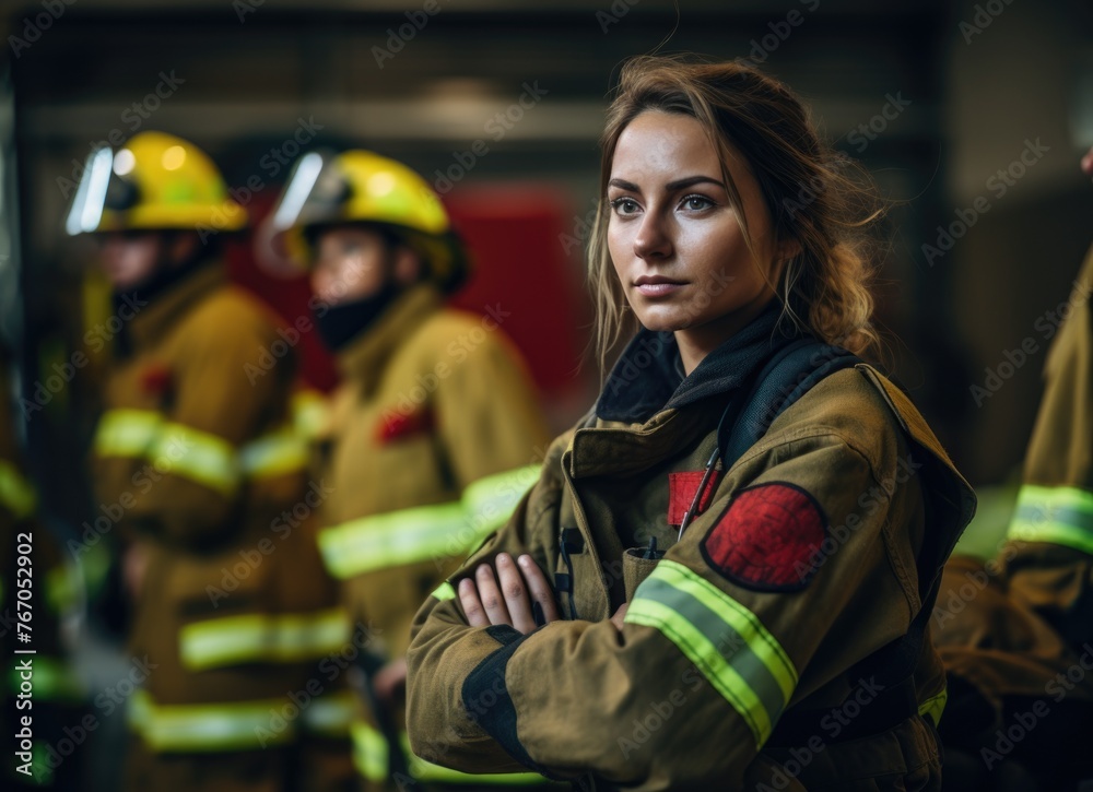 Female firefighter among colleagues during training exercise at Demiosar Center