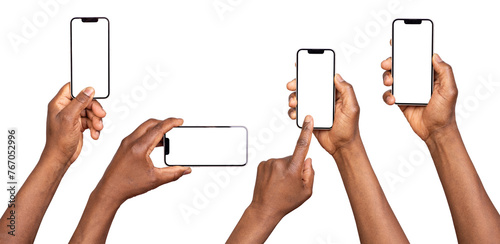 Man using smart phones with blank screen isolated on transparent or white background photo