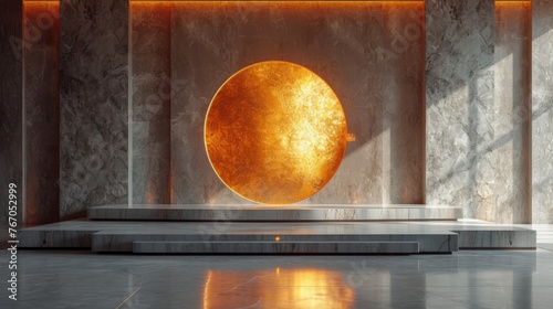   A large, yellow object sits in a room beside a stone wall, reflecting light off its surface