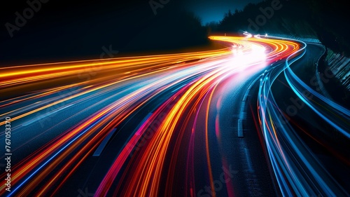 Long exposure capturing the colorful light trails of night traffic on highway