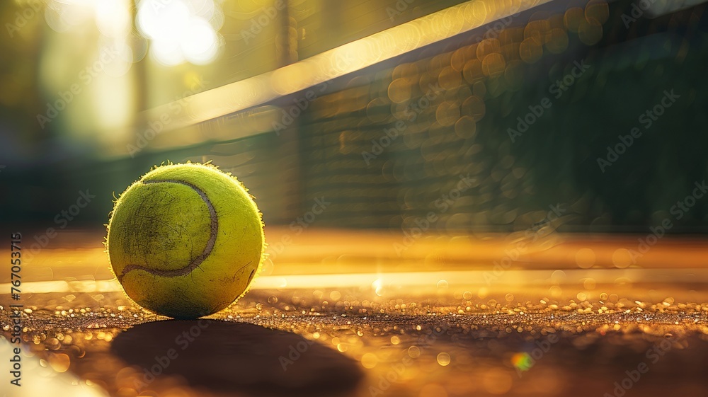 Tennis ball on court surface glistening with sunlight and bokeh highlights