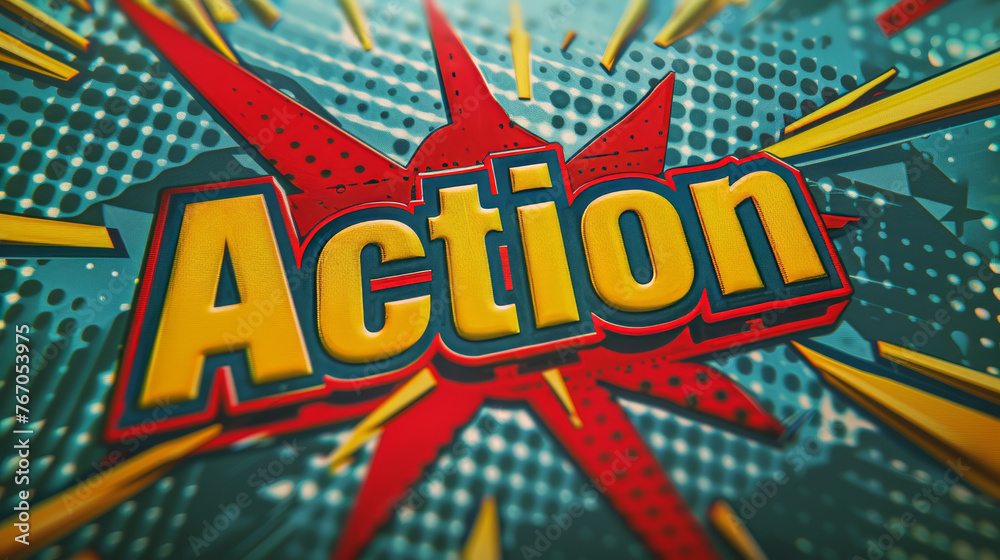 The person stares at the word "Action" on a plain-colored background, deep in thought. - obrazy, fototapety, plakaty 
