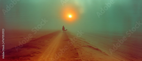 a person walking down a dirt road with a dog