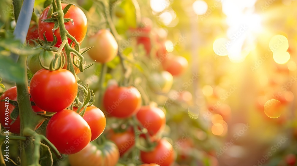 Growing red cherry tomato harvest and producing vegetables cultivation. Concept of small eco green business organic farming gardening and healthy food