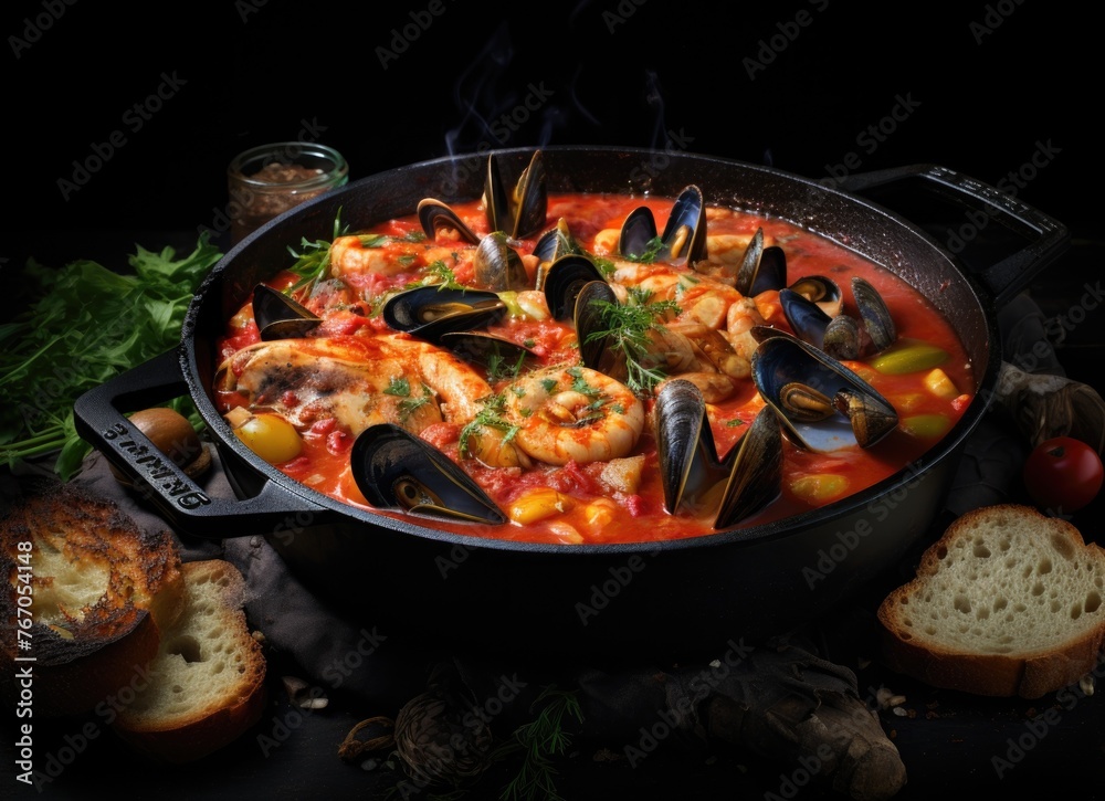 Mediterranean style mussels cooked in tomato sauce served with bread in a pan