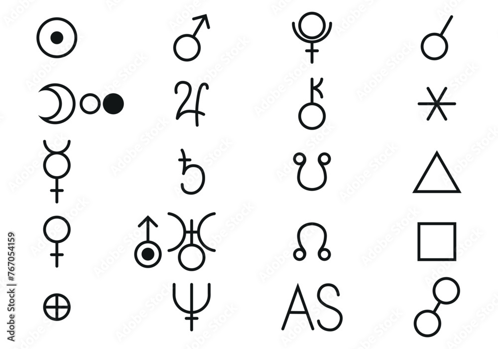 Astrological signs of planets, aspects and nodes isolated on white ...