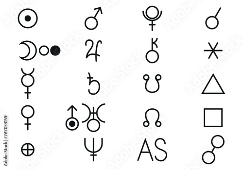 Astrological signs of planets, aspects and nodes isolated on white background. Simple icons for horoscope, natal chart, astronomy, jyotish, vedic astrology. Vector illustration. Set. Not AI created. photo