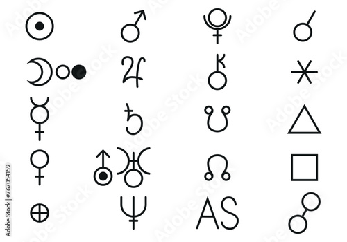 Astrological signs of planets, aspects and nodes isolated on white background. Simple icons for horoscope, natal chart, astronomy, jyotish, vedic astrology. Vector illustration. Set. Not AI created.