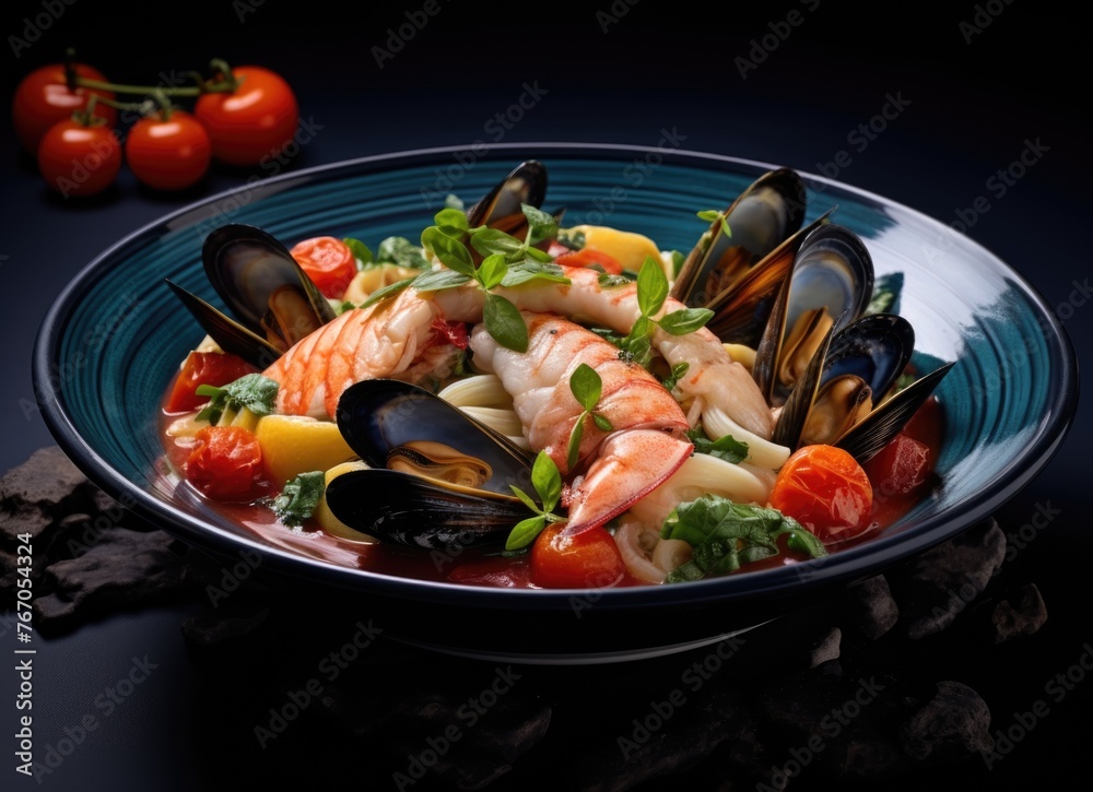 Delicious pasta with shrimp, mussels, and tomatoes Delicious pasta with shrimp, mussels, and tomatoes