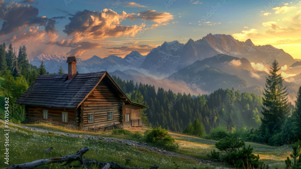 Idyllic mountain landscape with cabin