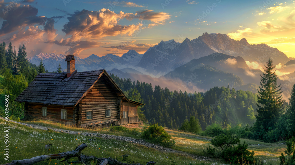 Idyllic mountain landscape with cabin Idyllic mountain landscape with cabin