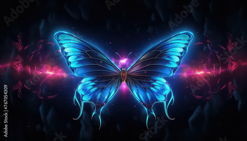 Butterfly on black background in neon color ,spring concept