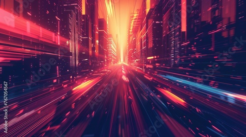 Vector illustration depicting futuristic light trails in a cyberpunk style, featuring light speed effects, slow shutter, and an urban night scene.