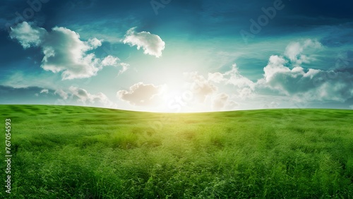 Artistic summer environmental landscape concept with green grass and cloudscape