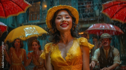  A woman in a yellow dress and hat stands in the rain with red and yellow umbrellas